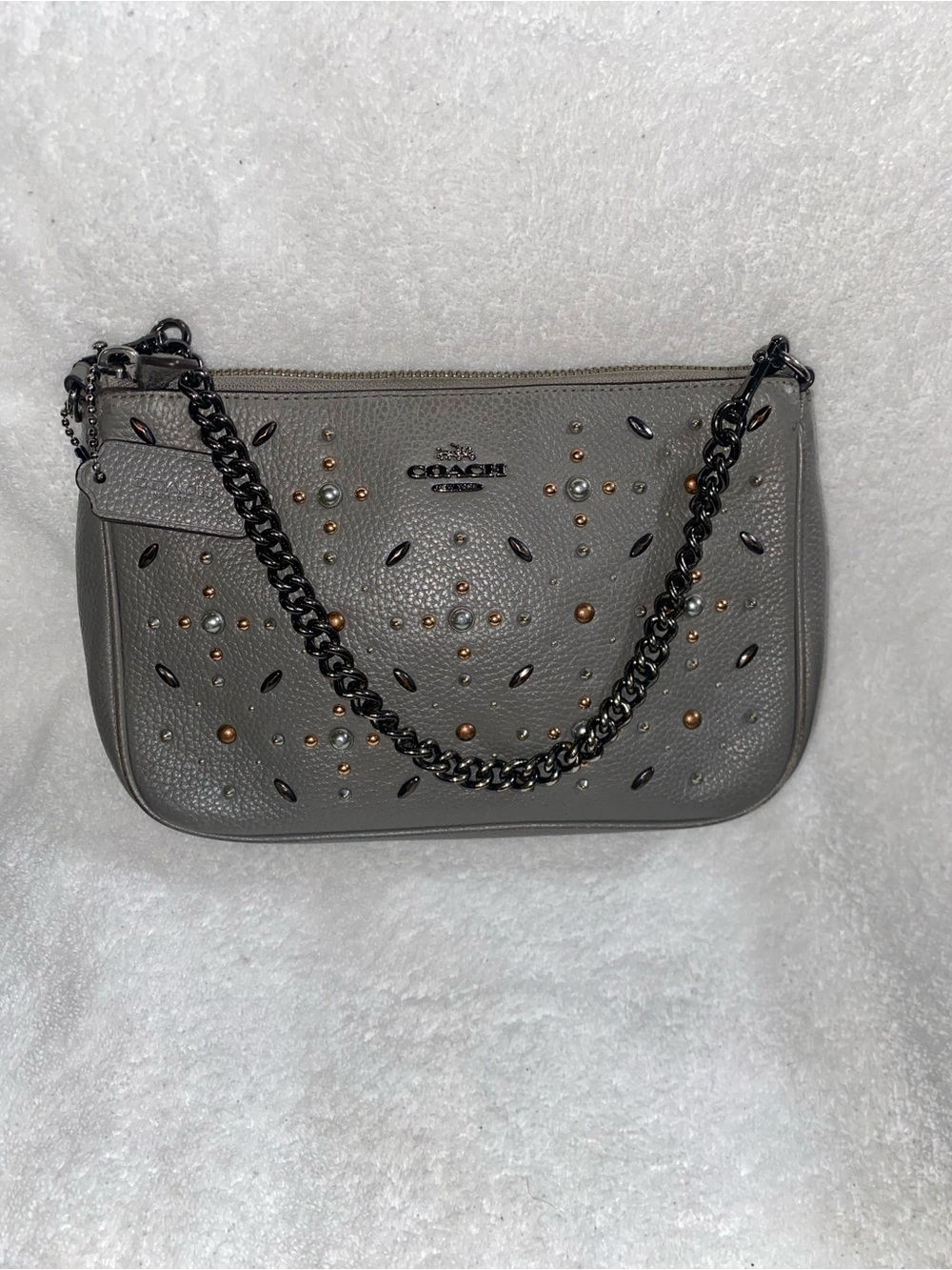 Coach Gray Pebbled Leather Shoulder Bag with Mixed Metal Studs
